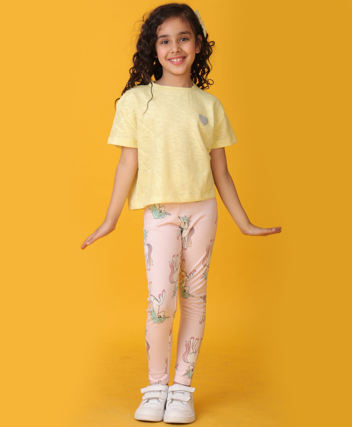 YELLOW JAQUARD UNICORN STAR LEGGINGS SET - YELLOW/PINK