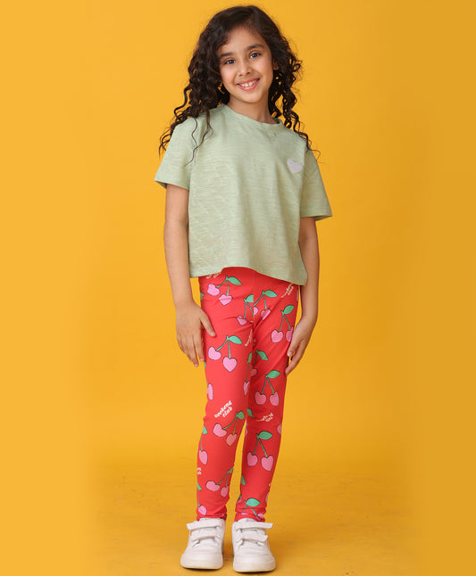 GREEN JACQUARD SUMMER CHERRY LEGGINGS SET - OLIVE/RED