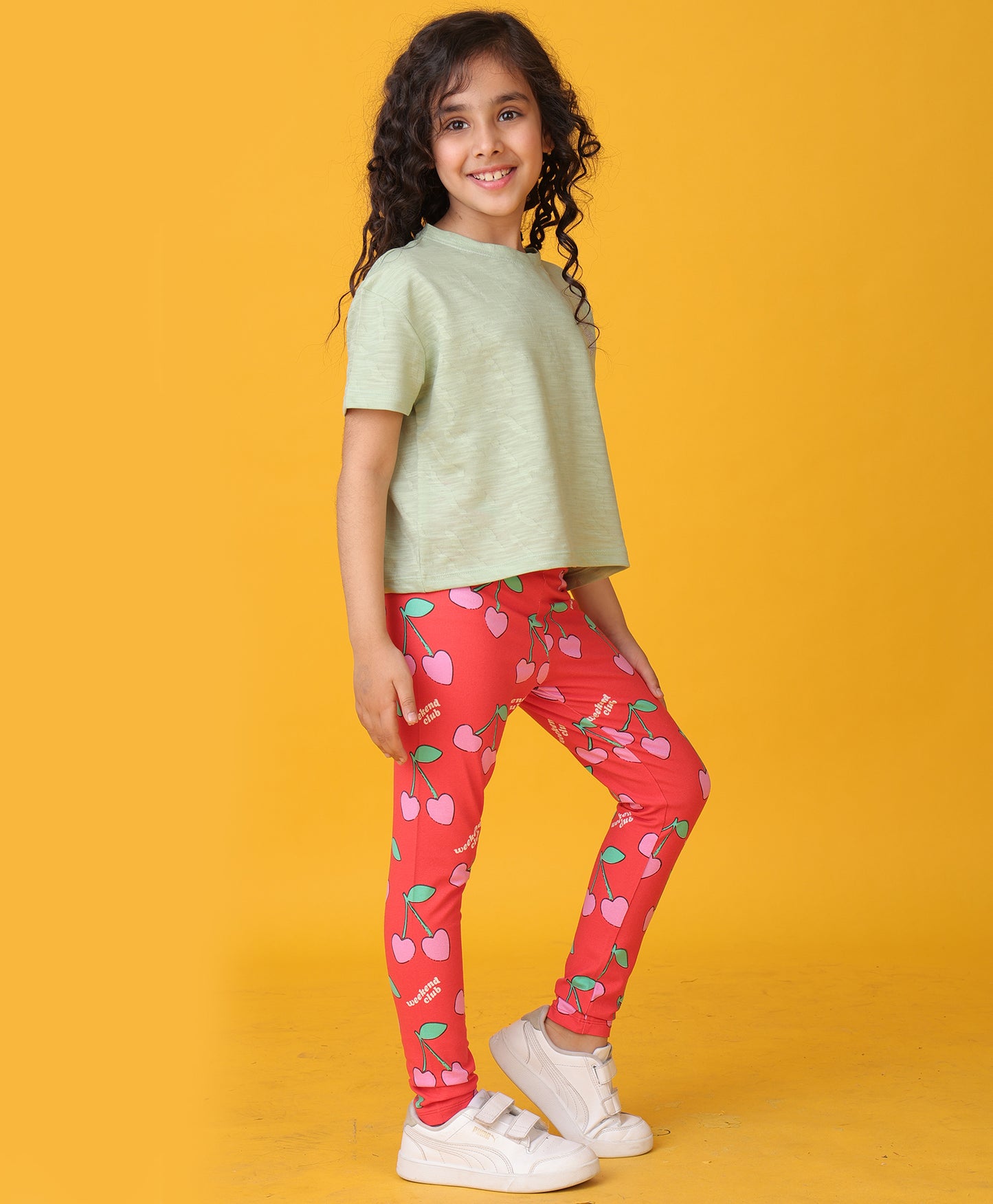 GREEN JACQUARD SUMMER CHERRY LEGGINGS SET - OLIVE/RED