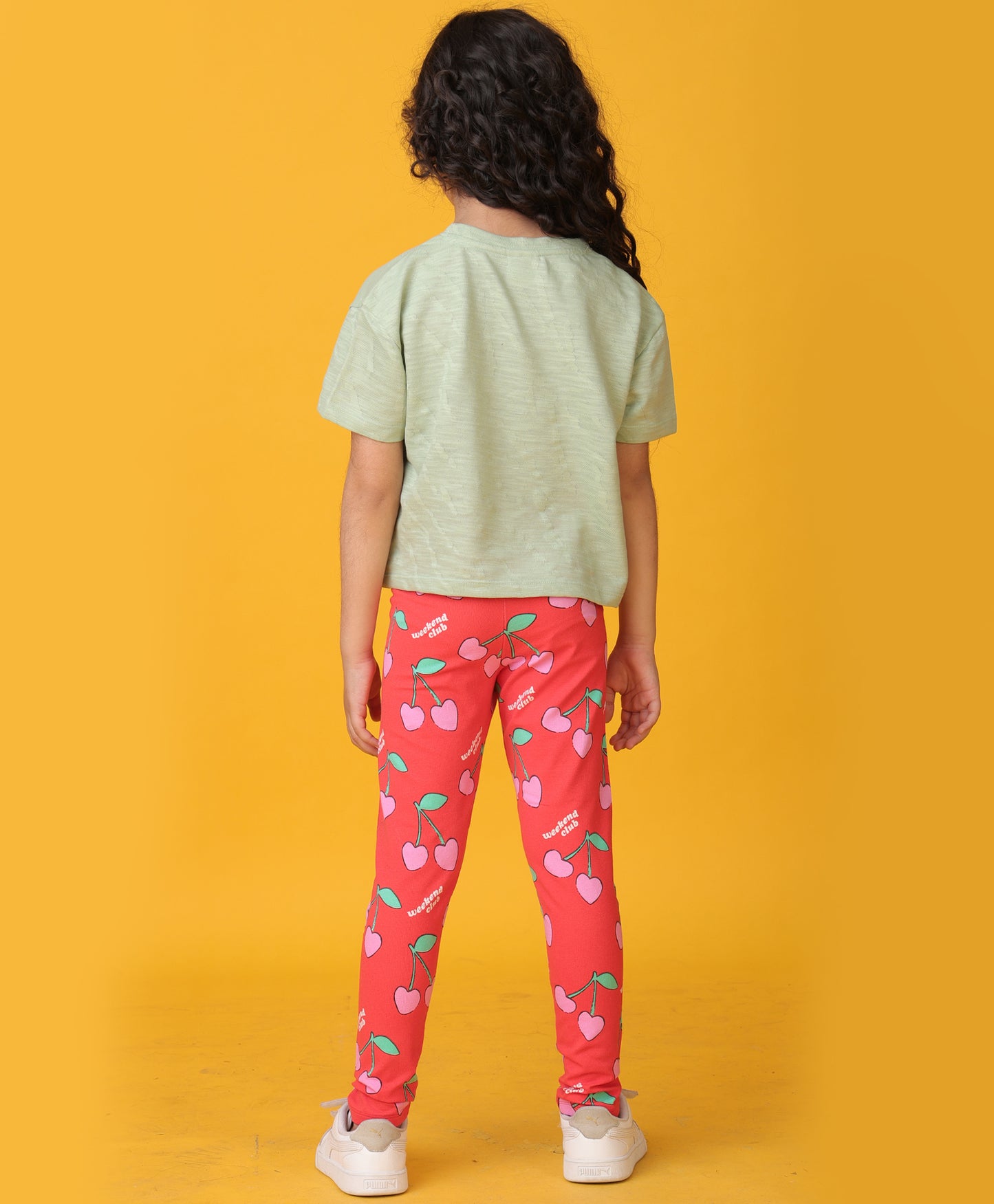 GREEN JACQUARD SUMMER CHERRY LEGGINGS SET - OLIVE/RED