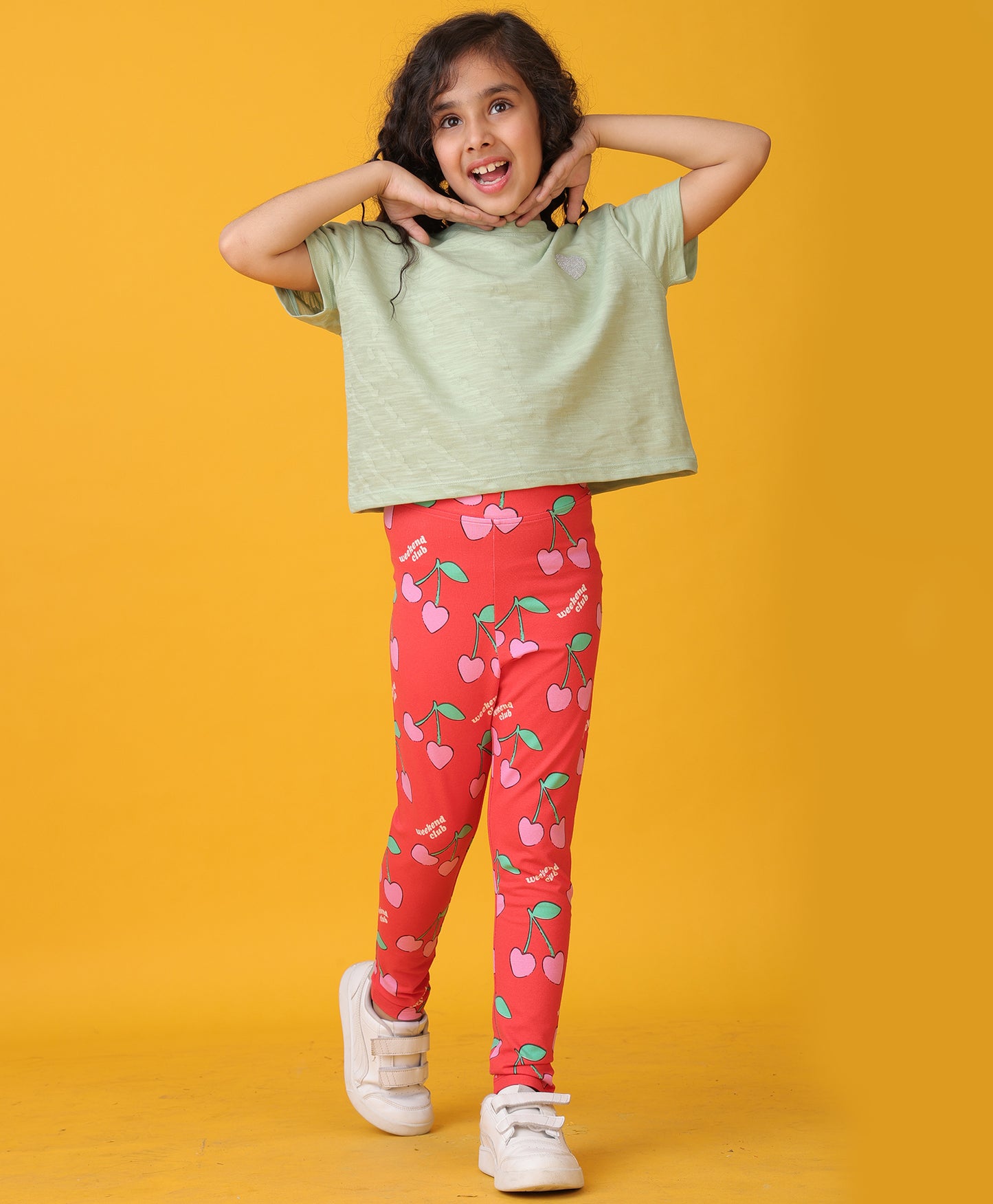 GREEN JACQUARD SUMMER CHERRY LEGGINGS SET - OLIVE/RED