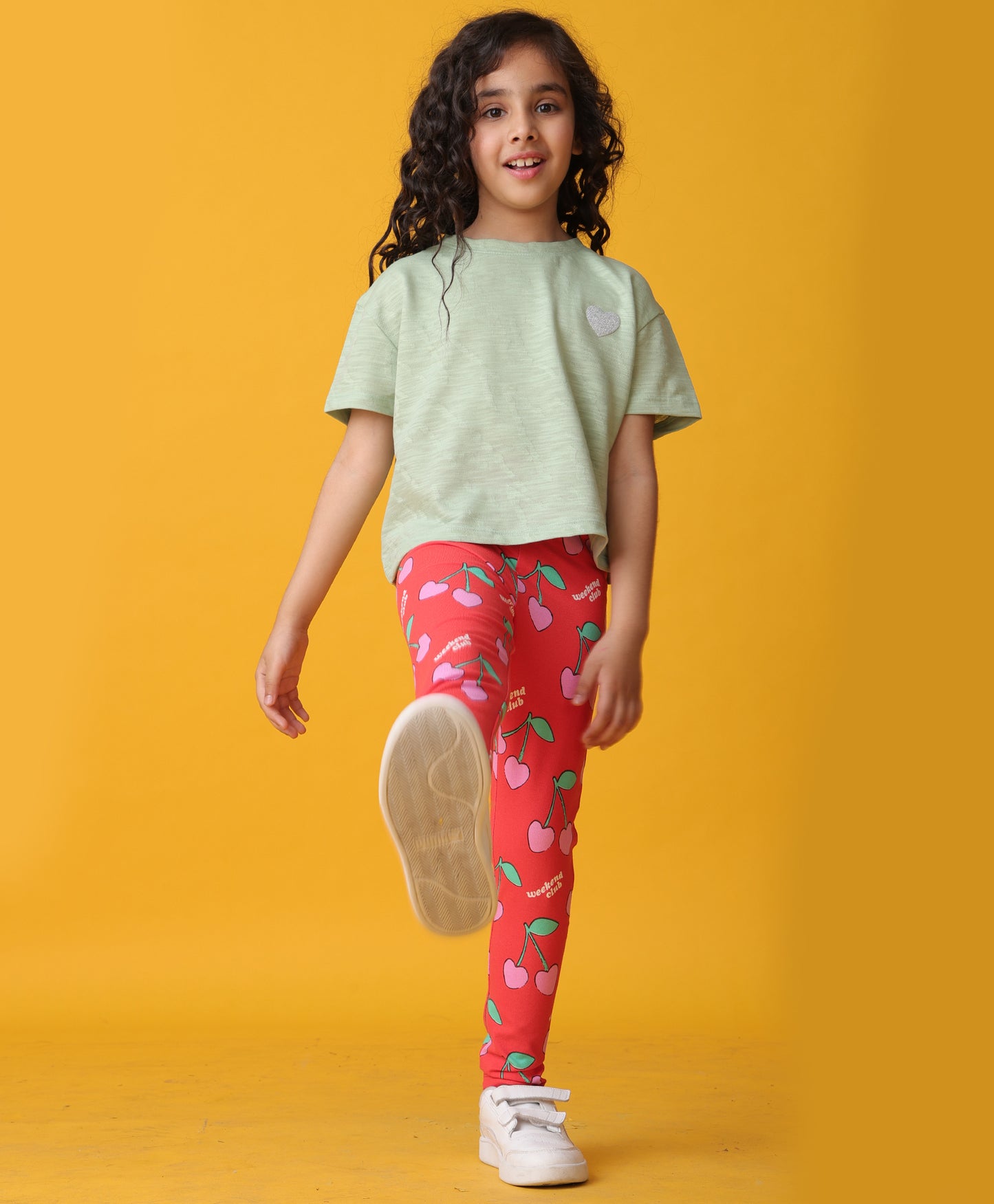 GREEN JACQUARD SUMMER CHERRY LEGGINGS SET - OLIVE/RED