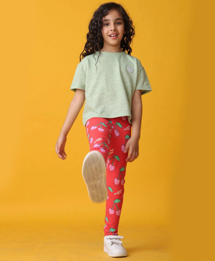 GREEN JACQUARD SUMMER CHERRY LEGGINGS SET - OLIVE/RED - Anthrilo 