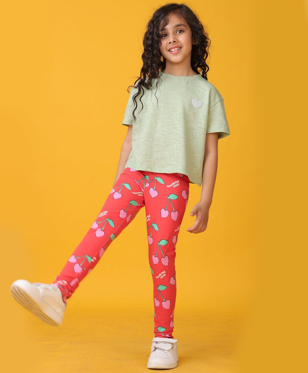 GREEN JACQUARD SUMMER CHERRY LEGGINGS SET - OLIVE/RED - Anthrilo 