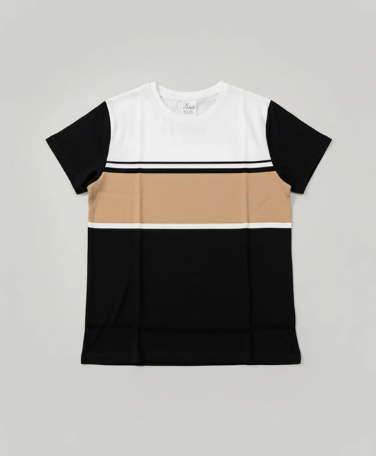WHITE BEIGE BLACK STRIPED BOYS SHORT SLEEVES T-SHIRT - MULTI