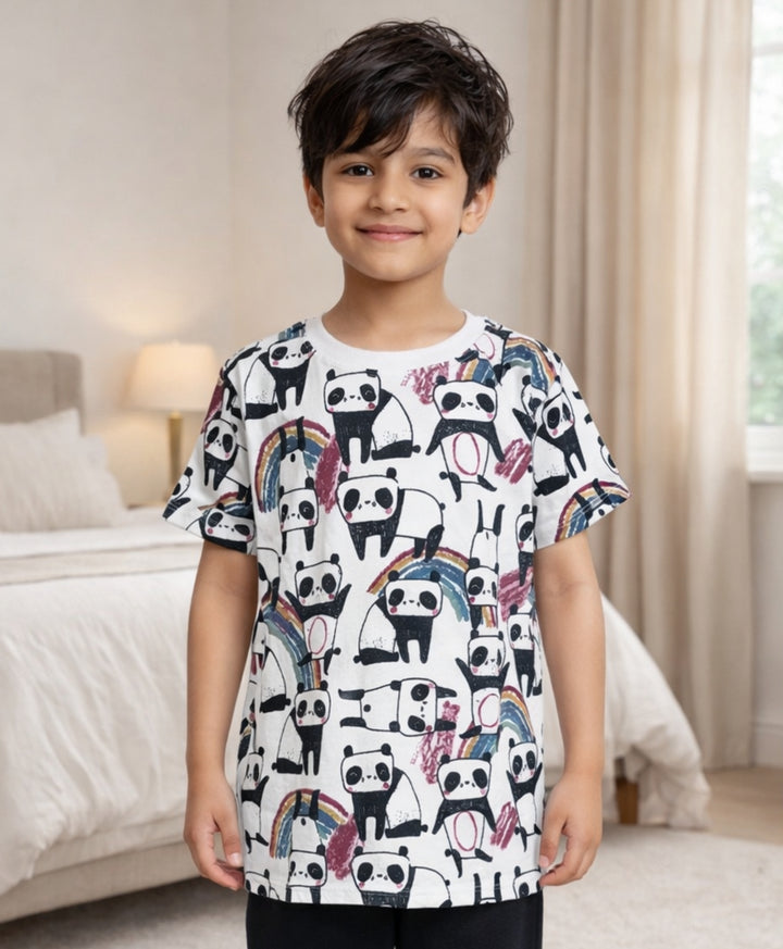 Panda Short Sleeve Boys T-Shirt- Off White