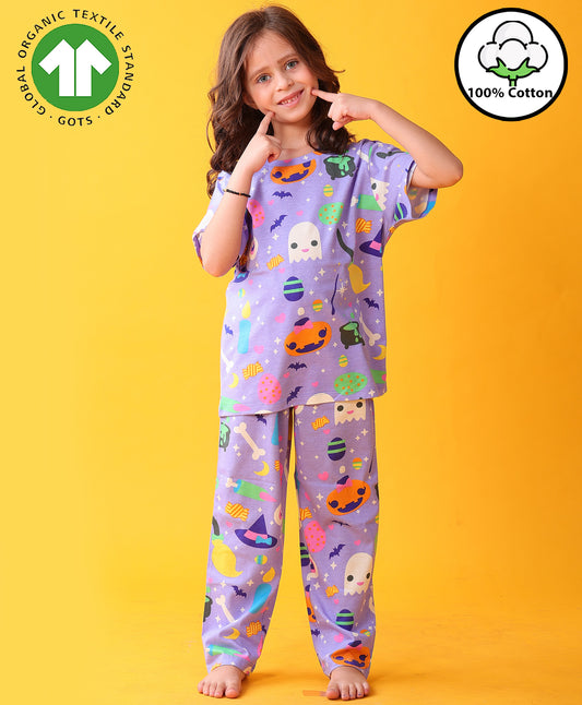 HALLOWEEN GIRLS SHORT SLEEVE PYJAMA SET - PURPLE