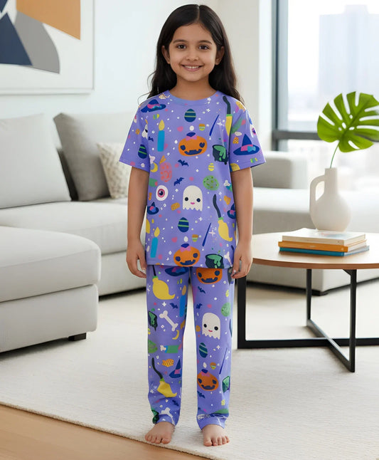 HALLOWEEN GIRLS SHORT SLEEVE PYJAMA SET - PURPLE - Anthrilo 