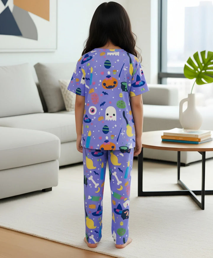 HALLOWEEN GIRLS SHORT SLEEVE PYJAMA SET - PURPLE - Anthrilo 