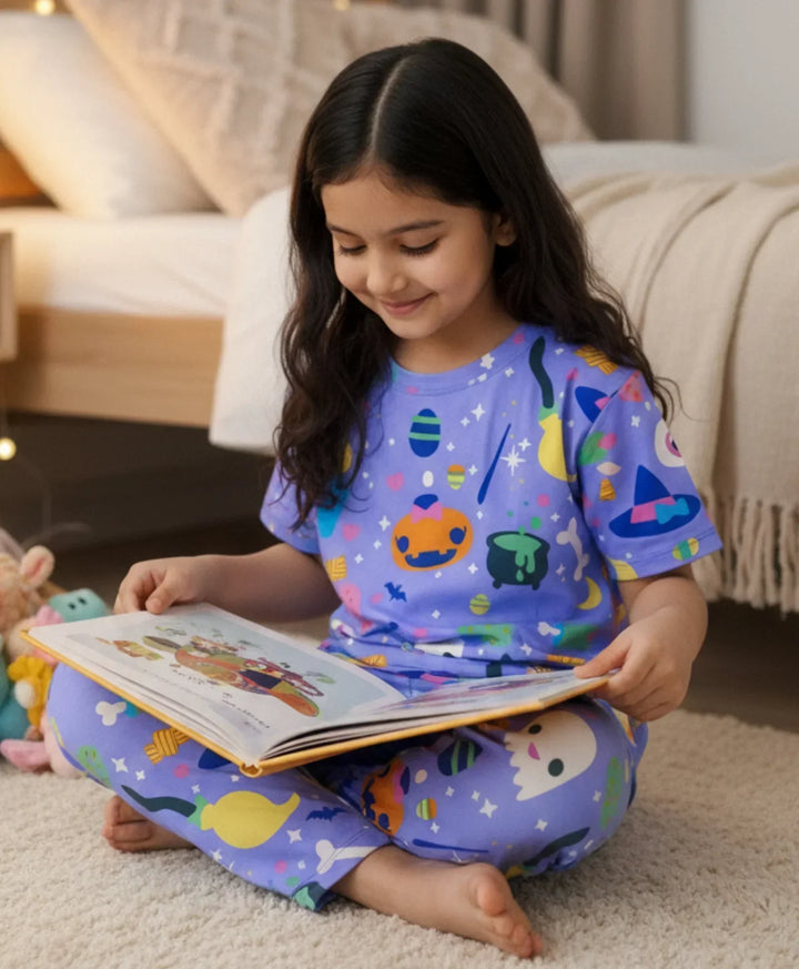 HALLOWEEN GIRLS SHORT SLEEVE PYJAMA SET - PURPLE - Anthrilo 