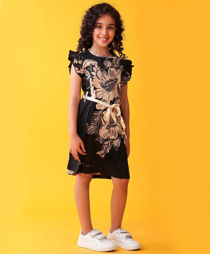 BLACK FLORAL SUMMER PURE COTTON PARTY DRESS - BLACK - Anthrilo 