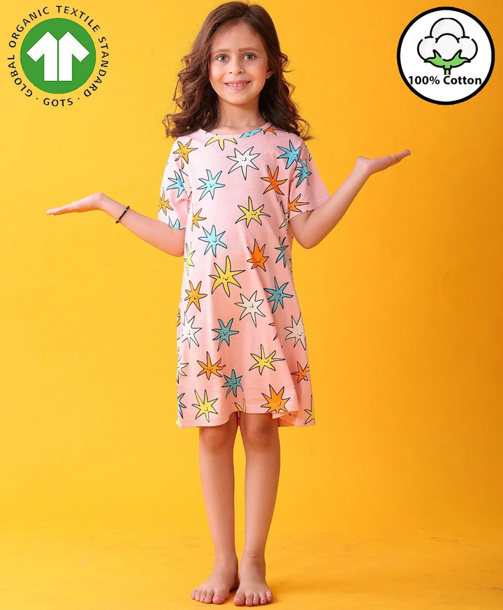 SMILING STAR GIRLS NIGHT DRESS - PINK - Anthrilo 