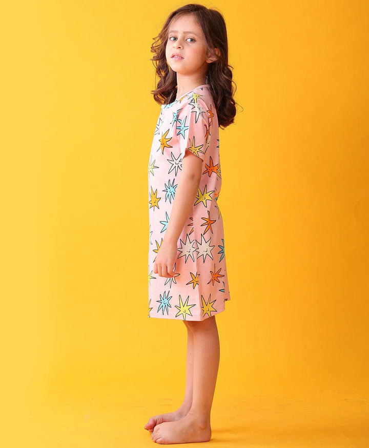 SMILING STAR GIRLS NIGHT DRESS - PINK - Anthrilo 