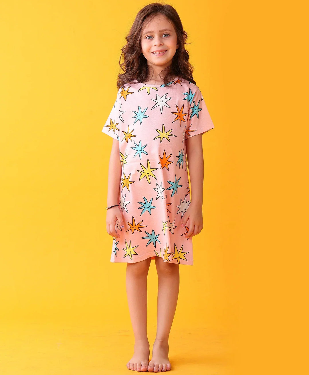 SMILING STAR GIRLS NIGHT DRESS - PINK - Anthrilo 