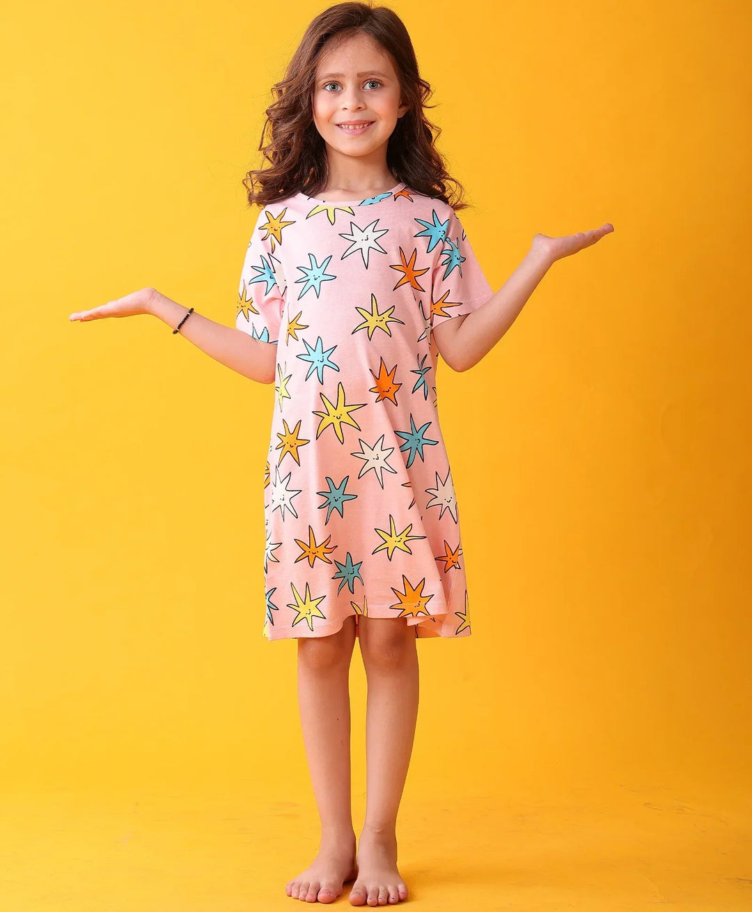SMILING STAR GIRLS NIGHT DRESS - PINK - Anthrilo 