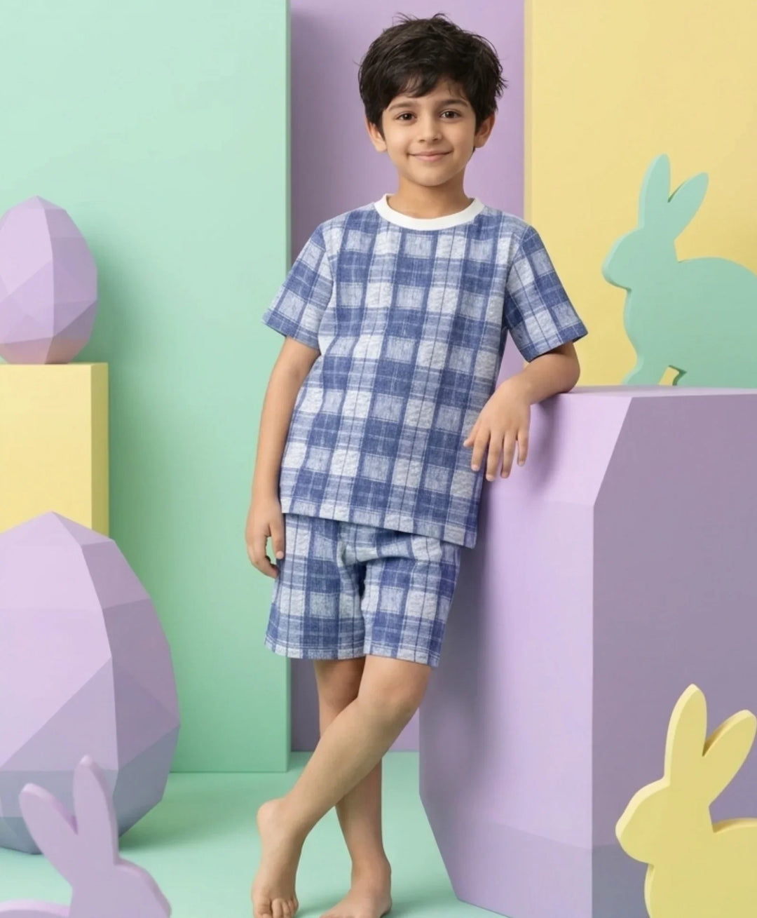 Check Blue Sleepwear Shorts Set - Blue