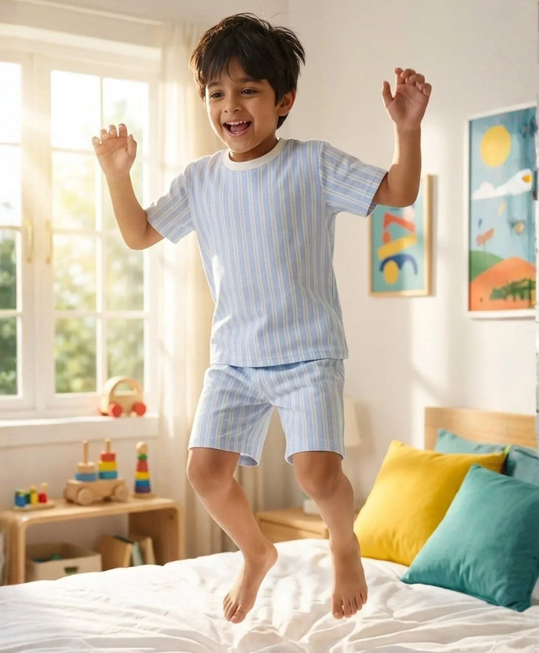 Striped Blue Sleepwear Shorts Set - Blue