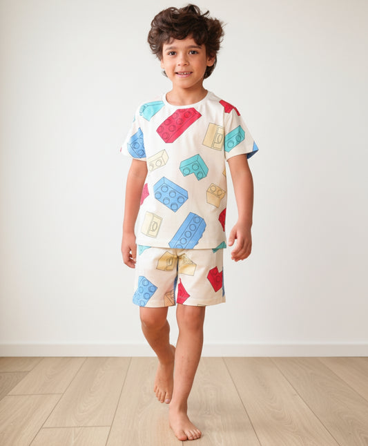 BUILDING BLOCKS SLEEPWEAR SHORTS SET - WHITE