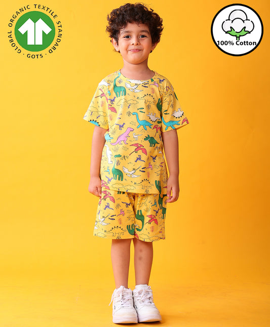 RAINING DINOSAUR PLAYTIME T-SHIRT SHORT SET - YELLOW