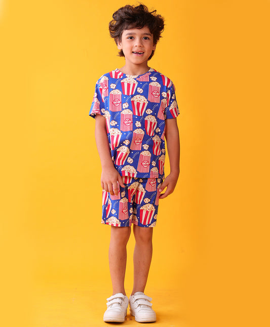 POPCORN BLUE MOVIE TIME T-SHIRT SHORT SET - BLUE