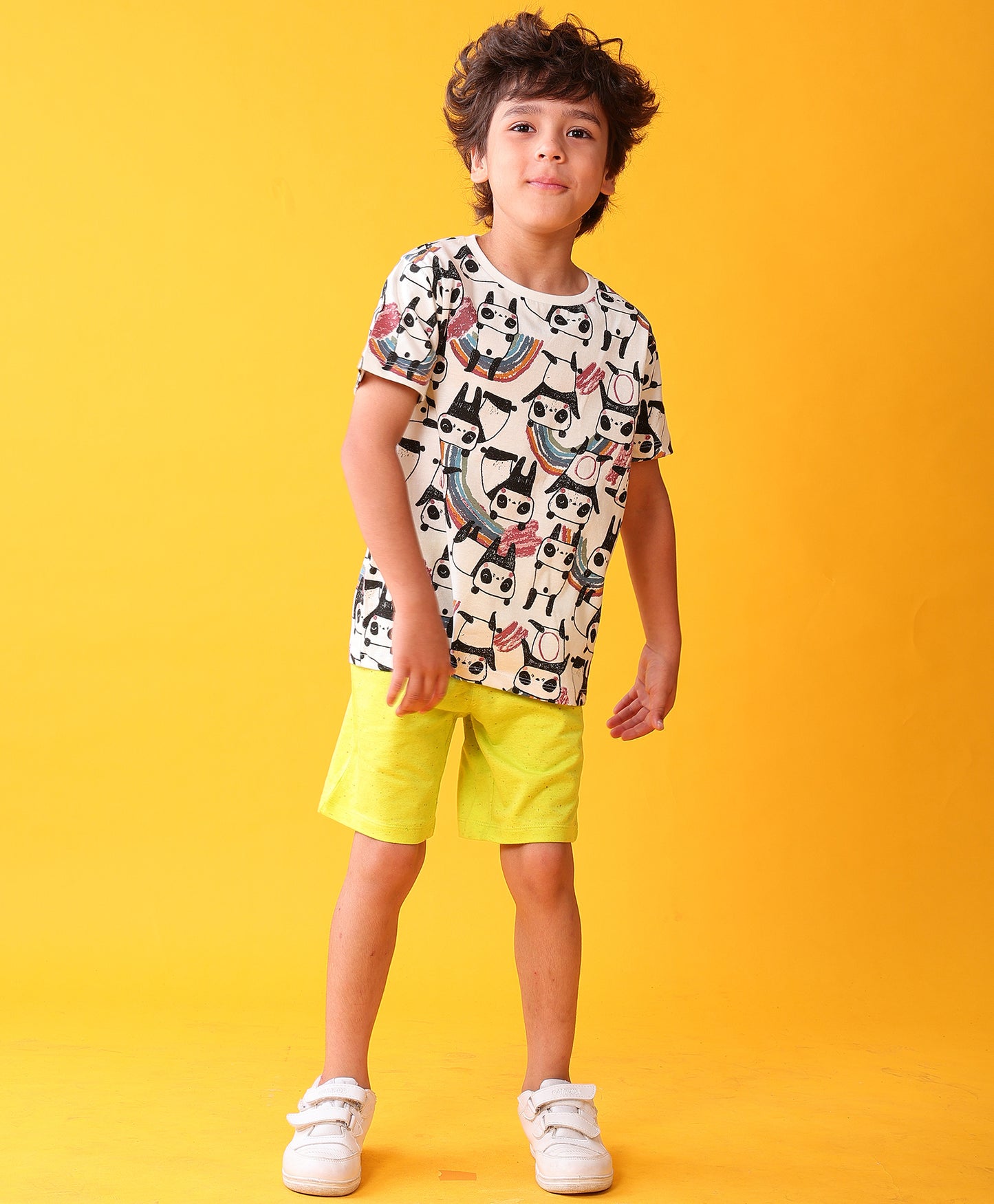 PANDA LIME SUMMER T-SHIRT SHORTS CLOTHING SET - WHITE/LIME