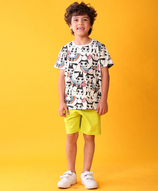 PANDA LIME SUMMER T-SHIRT SHORTS CLOTHING SET - WHITE/LIME