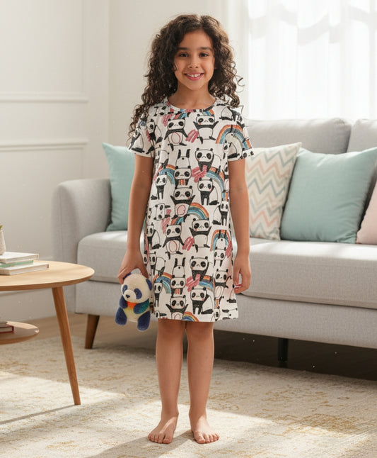 PANDA GIRLS NIGHT DRESS - WHITE - Anthrilo 