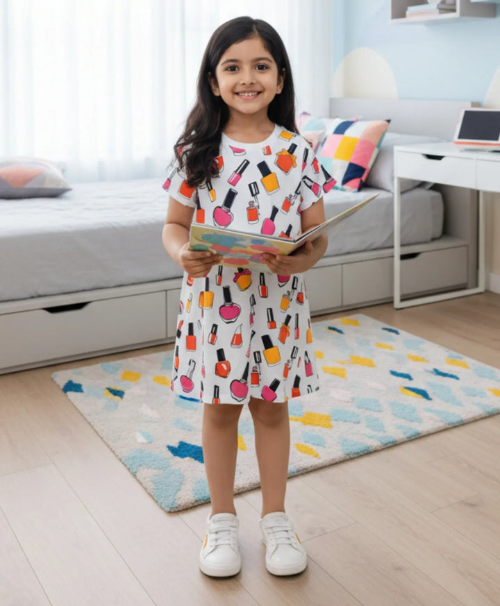 Nail Paint Girls Casual Dress - White