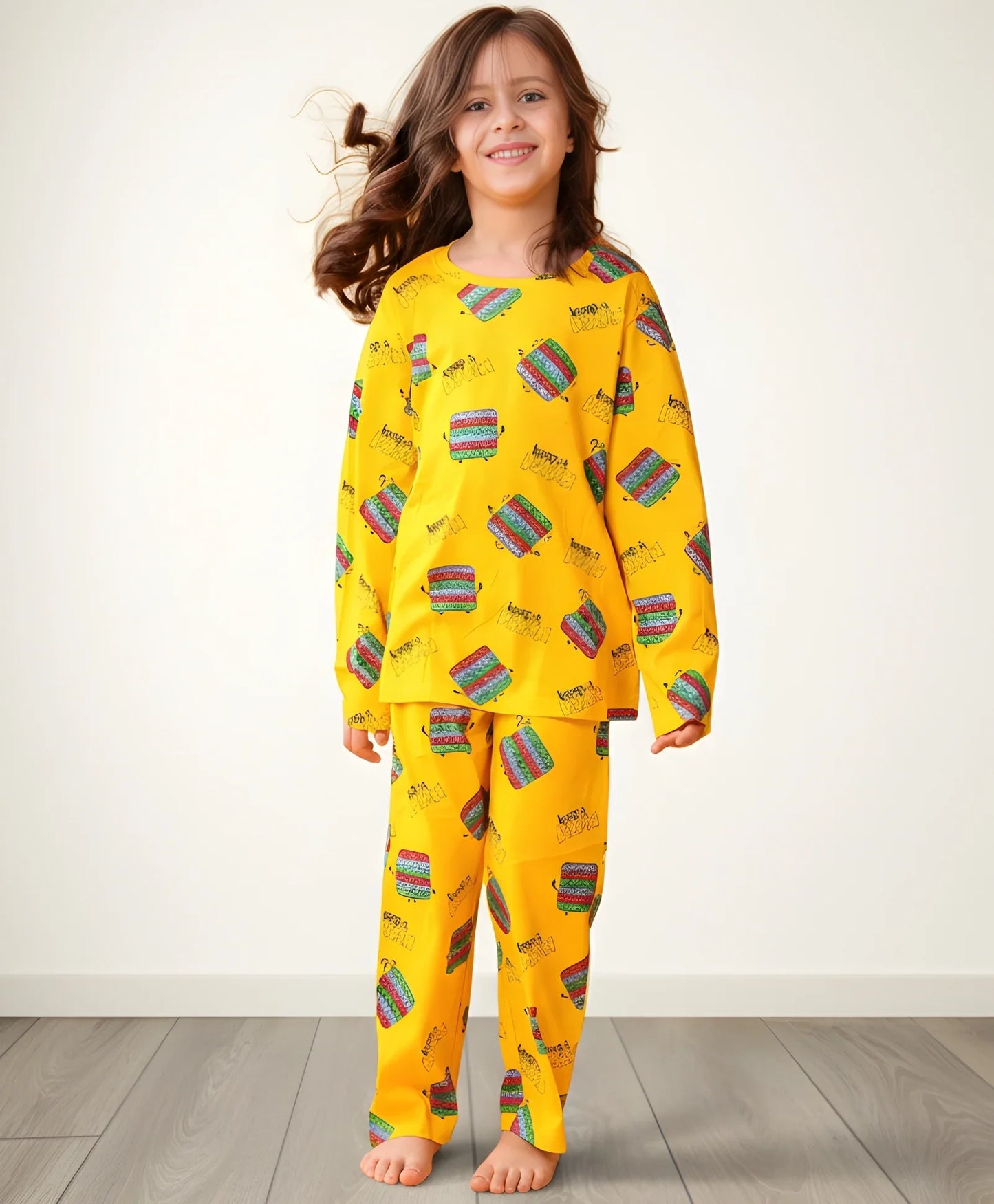 POP IT LONG GIRLS SLEEVES PYJAMA SET - YELLOW