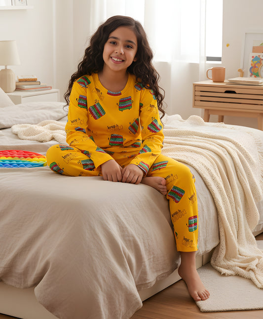 POP IT LONG GIRLS SLEEVES PYJAMA SET - YELLOW