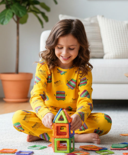 POP IT LONG GIRLS SLEEVES PYJAMA SET - YELLOW