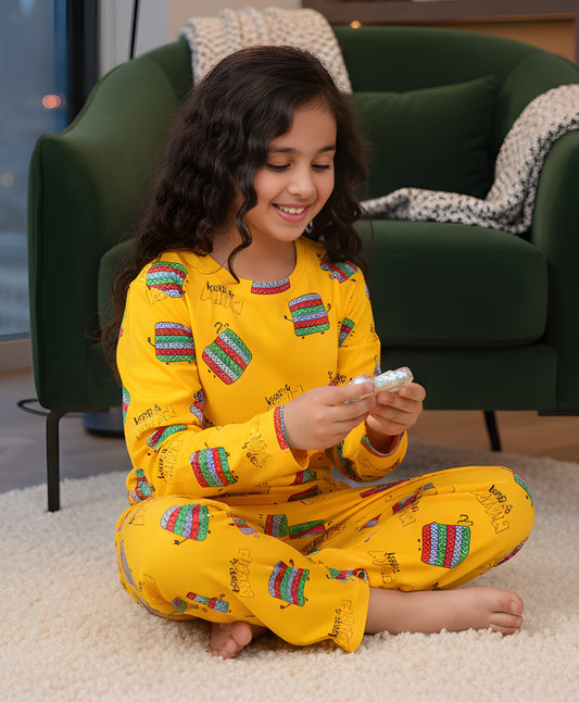 POP IT LONG GIRLS SLEEVES PYJAMA SET - YELLOW