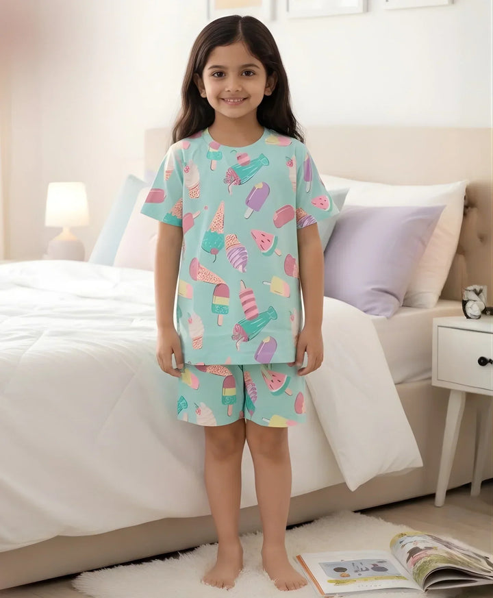 Icecream Cream Girls Sleepwear Shorts Set - Aqua