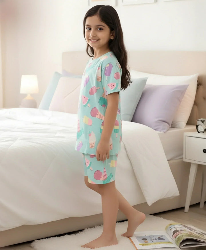 Icecream Cream Girls Sleepwear Shorts Set - Aqua