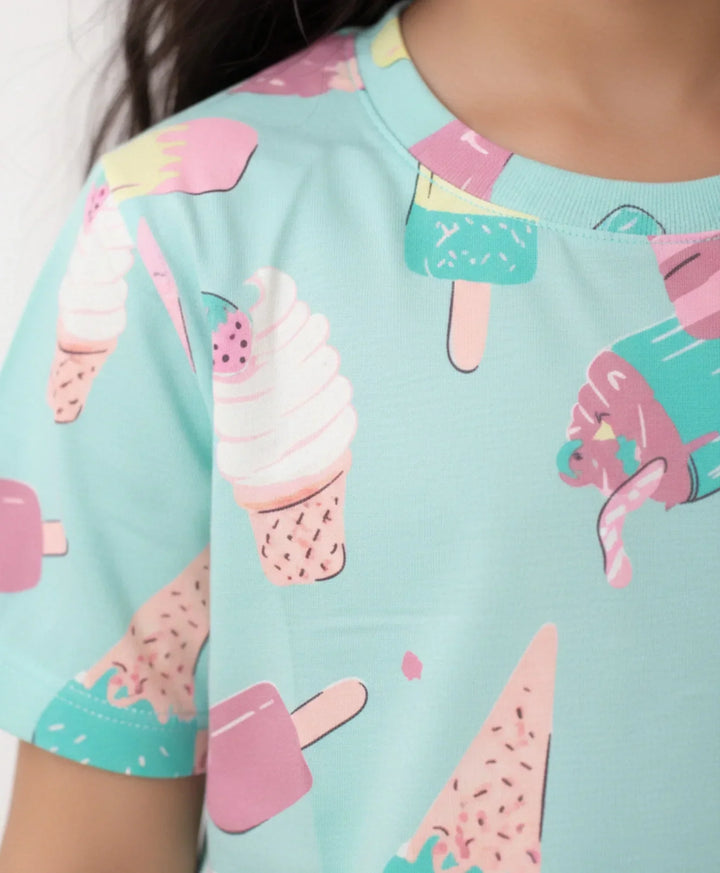 Icecream Cream Girls Sleepwear Shorts Set - Aqua