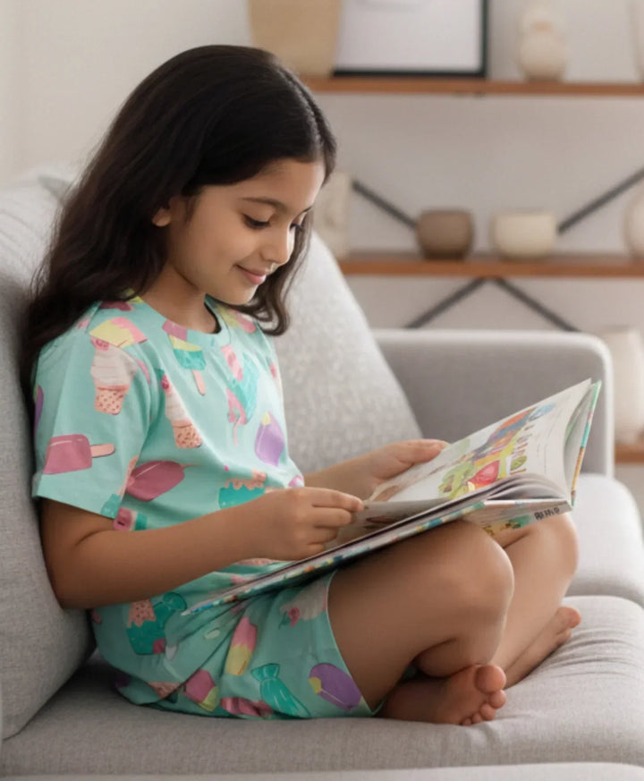 Icecream Cream Girls Sleepwear Shorts Set - Aqua