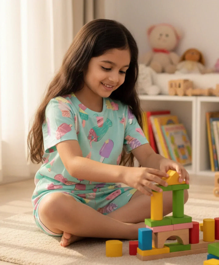 Icecream Cream Girls Sleepwear Shorts Set - Aqua