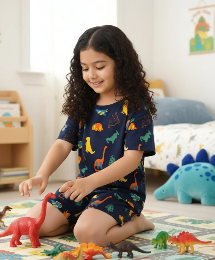 Dinosaur Fun Navy Girls Sleepwear Shorts Set - Navy