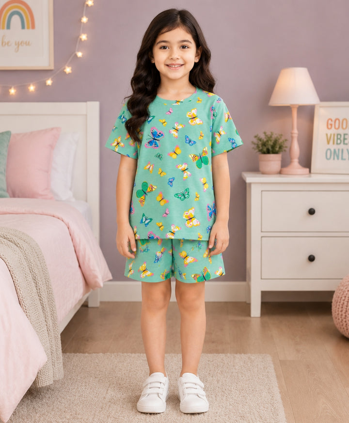 BUTTERFLY PLAYTIME GIRLS T-SHIRT SHORT SET - GREEN