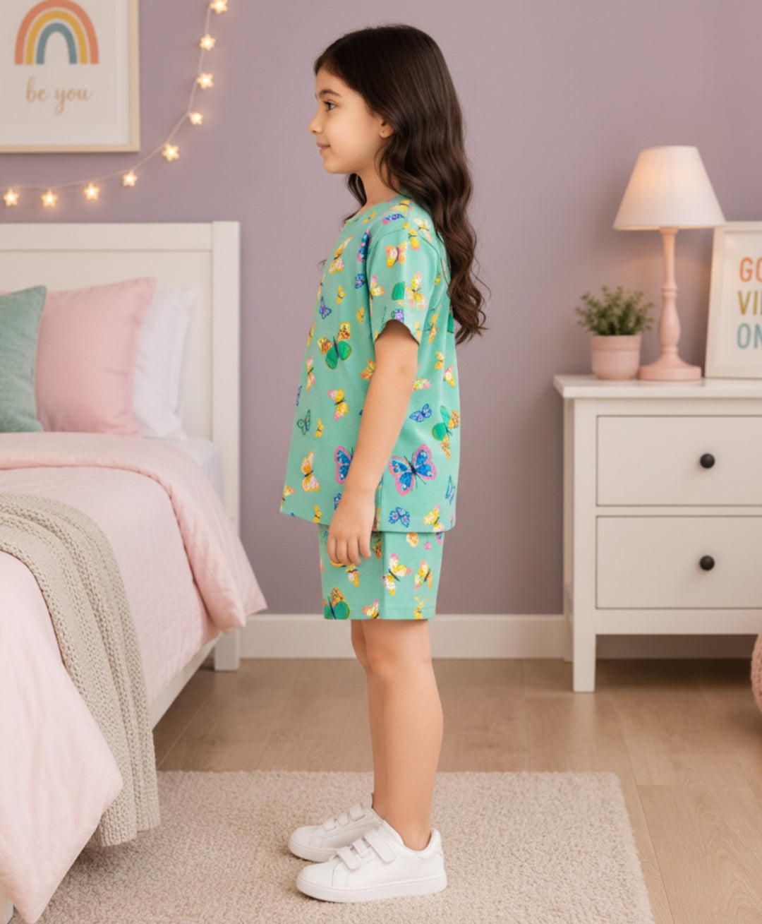 BUTTERFLY PLAYTIME GIRLS T-SHIRT SHORT SET - GREEN