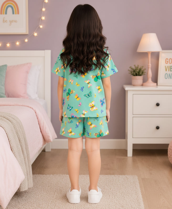 BUTTERFLY PLAYTIME GIRLS T-SHIRT SHORT SET - GREEN