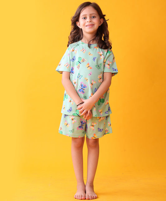BUTTERFLY PLAYTIME GIRLS T-SHIRT SHORT SET - GREEN
