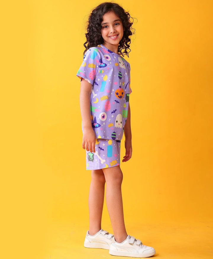 HALLOWEEN PLAYTIME GIRLS T-SHIRT SHORT SET - PURPLE - Anthrilo 