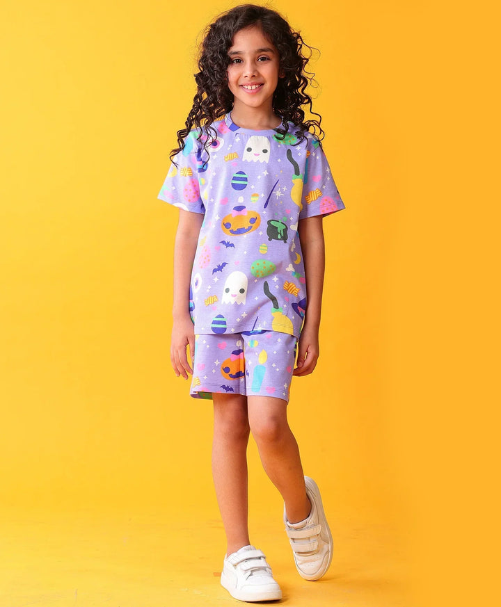 HALLOWEEN PLAYTIME GIRLS T-SHIRT SHORT SET - PURPLE - Anthrilo 