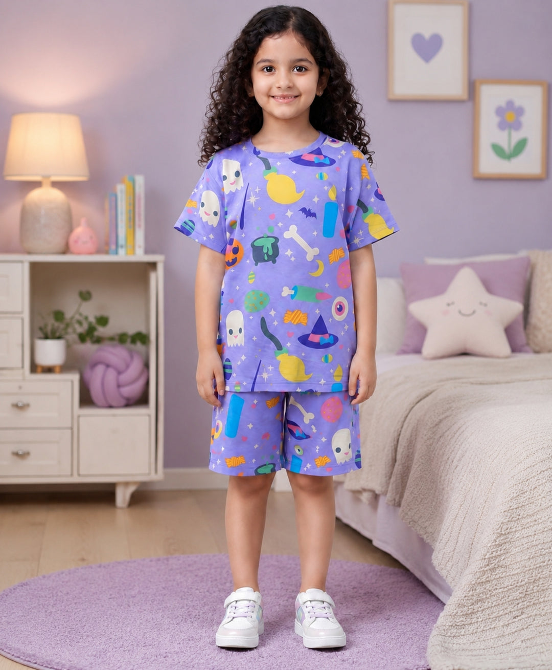 HALLOWEEN PLAYTIME GIRLS T-SHIRT SHORT SET - PURPLE