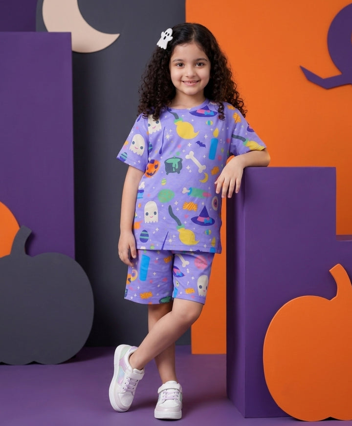 HALLOWEEN PLAYTIME GIRLS T-SHIRT SHORT SET - PURPLE