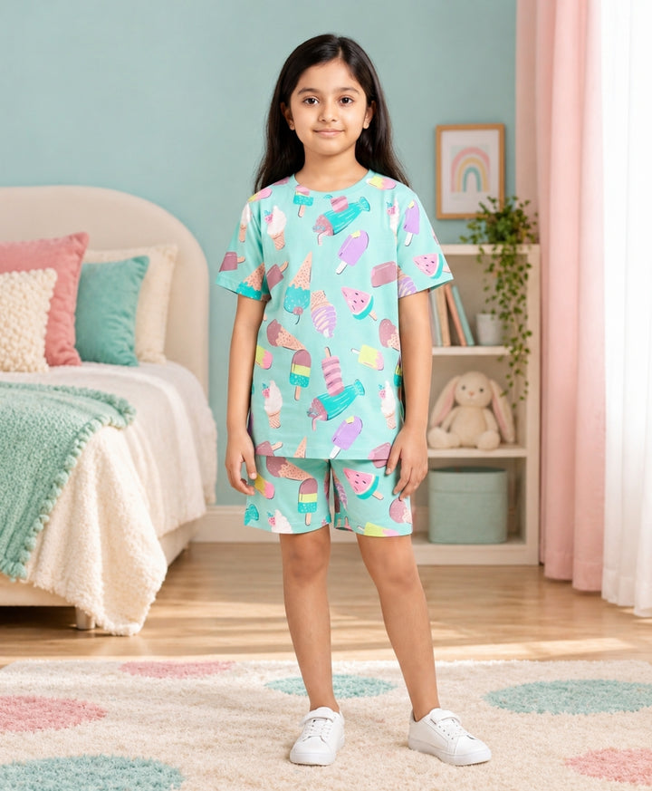ICECREAM TIME GIRLS T-SHIRT SHORT SET - AQUA