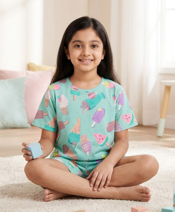 ICECREAM TIME GIRLS T-SHIRT SHORT SET - AQUA