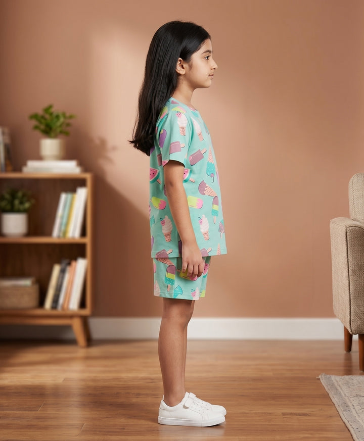 ICECREAM TIME GIRLS T-SHIRT SHORT SET - AQUA