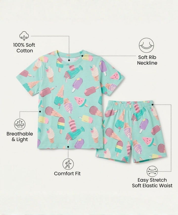 ICECREAM TIME GIRLS T-SHIRT SHORT SET - AQUA